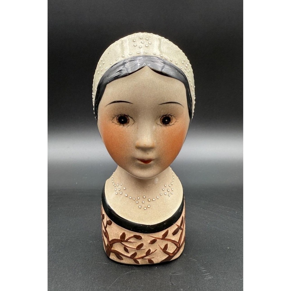 Vintage Lady Head Vase Folk Art Wall Pocket Brunette Leaf Raised Stippling